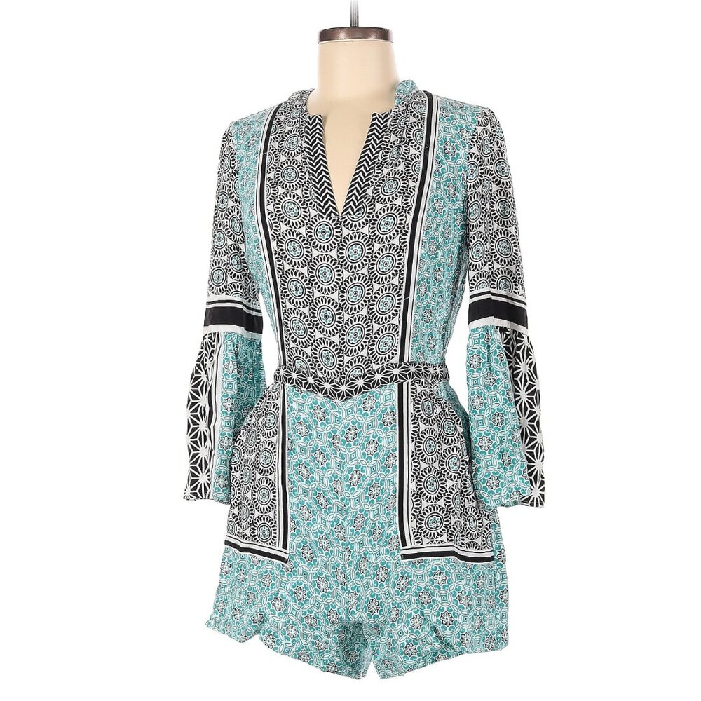 Ann Taylor LOFT Teal White Black Patterned Romper with Bell Sleeves